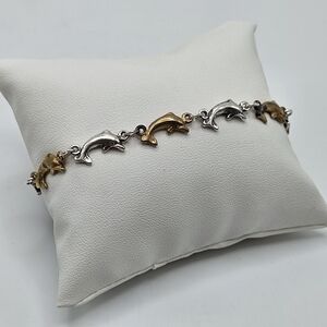 VINTAGE Sterling Silver 925 Silver & Gold Tone Leaping Dolphin Link Bracelet